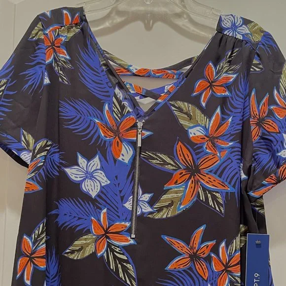 New Apt. 9 XS Blue Black Multi Floral Criss Cross Zipper Short Sleeve Top Blouse - Picture 2 of 8
